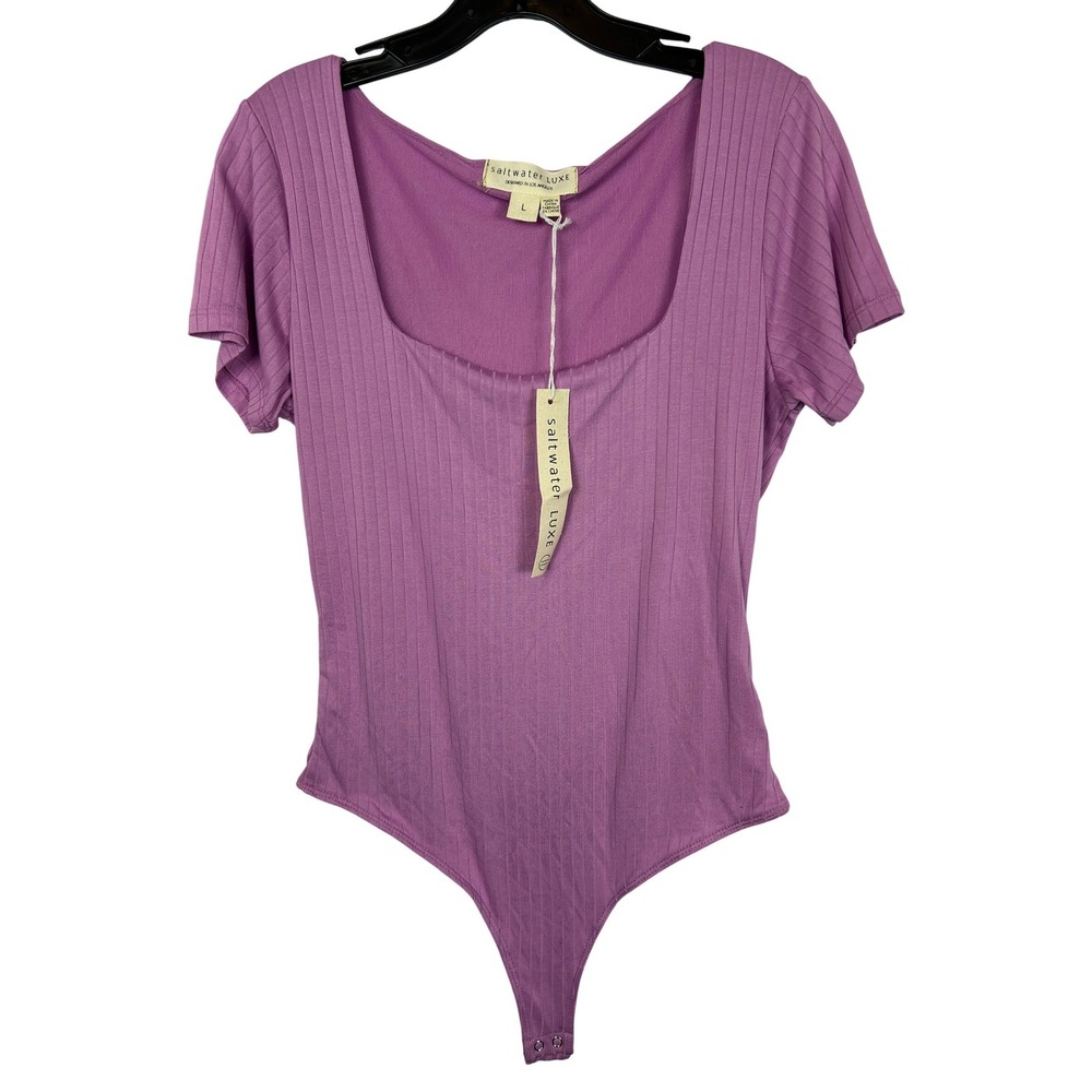 Saltwater Luxe Purple Ribbed Square Neck‎ Short Sleeve Bodysuit Large